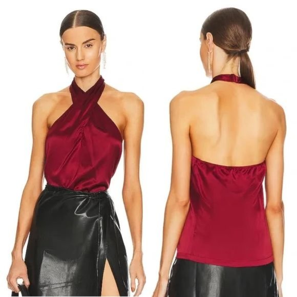 Theory Ertil Cross Front Halter Top Size P Stretch Satin SILK Red Dahlia NEW - Picture 1 of 12